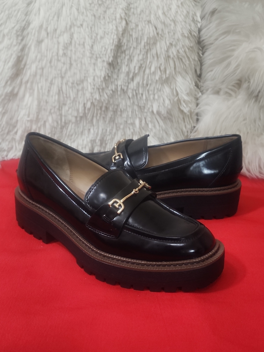 Sam Edelman Laurs Black Patent Platform Loafers with Gold Bit
